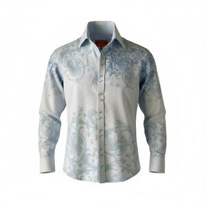 ENZO Denim Shirt Men’s Embroidered Button Down Light Blue Floral Size M